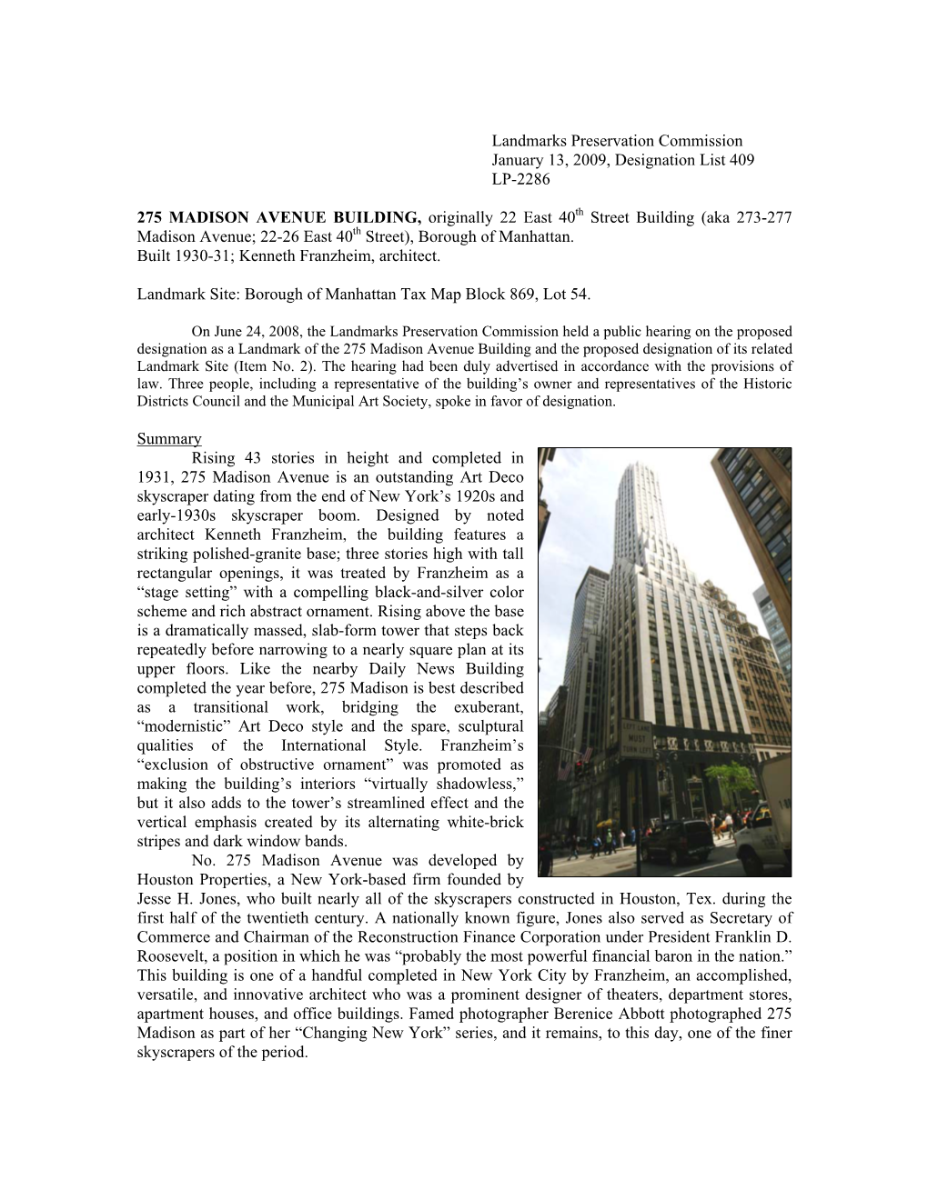 Landmarks Preservation Commission January 13, 2009, Designation List 409 LP-2286