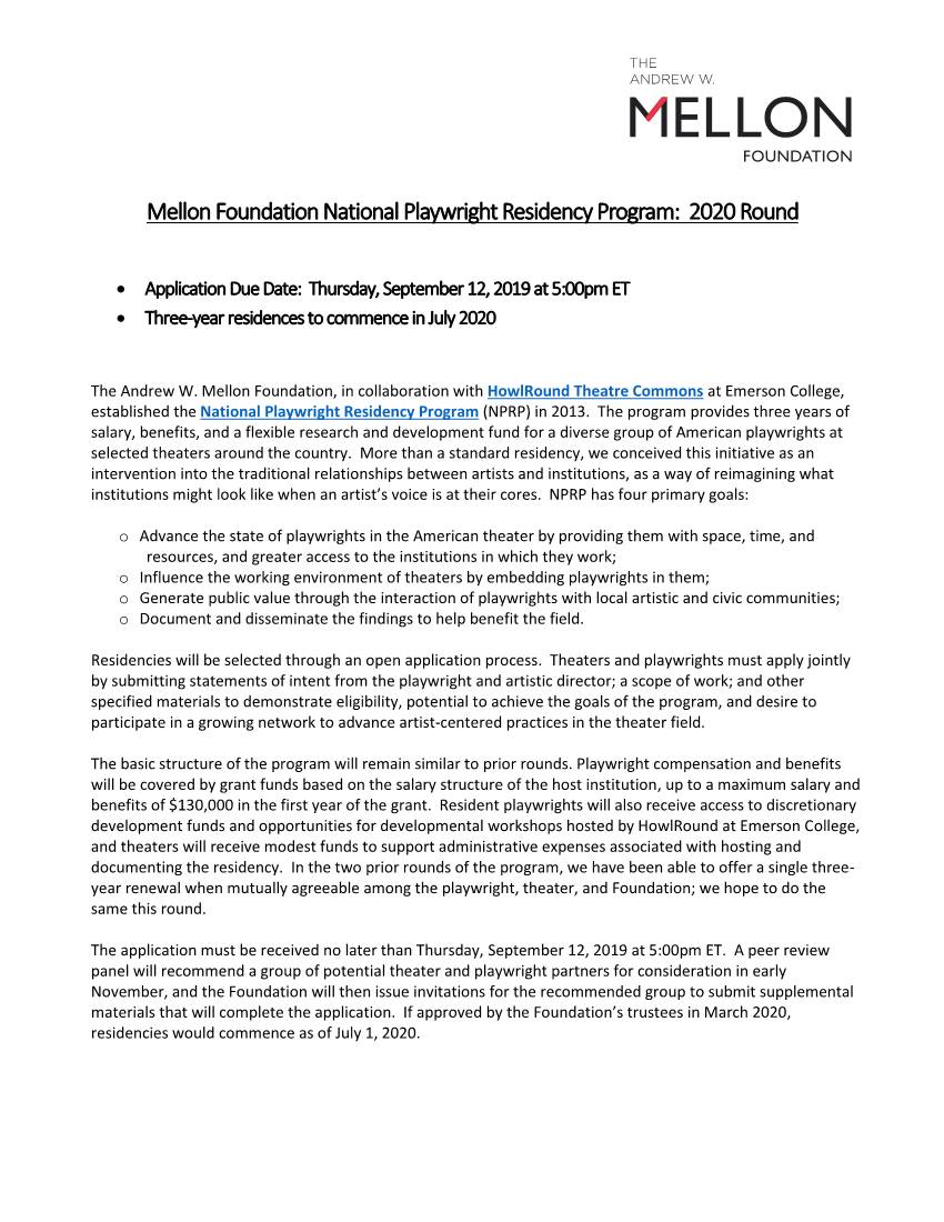 Mellon Foundation National Playwright Residency Program: 2020 Round