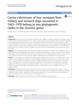 Canine Caliciviruses of Four Serotypes from Military and Research Dogs Recovered in 1963−1978 Belong to Two Phylogenetic Clades in the Vesivirus Genus Leonard N