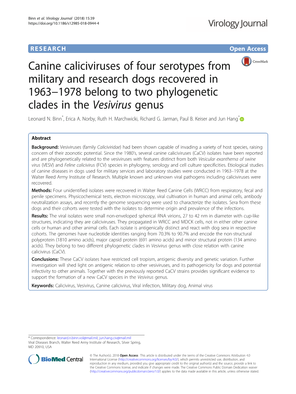 Canine Caliciviruses of Four Serotypes from Military and Research Dogs Recovered in 1963−1978 Belong to Two Phylogenetic Clades in the Vesivirus Genus Leonard N
