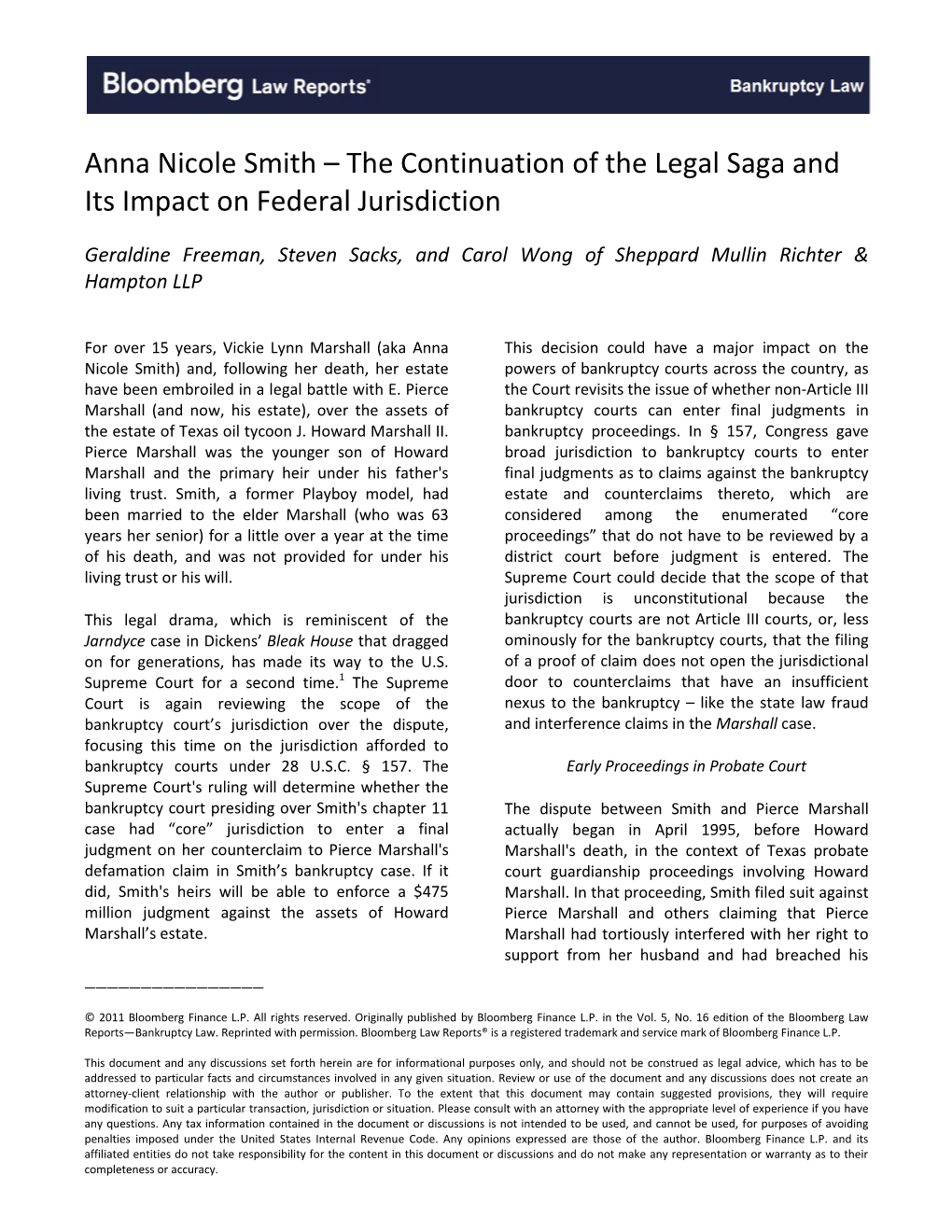 Anna Nicole Smith – the Continuation of the Legal Saga and Its Impact on Federal Jurisdiction