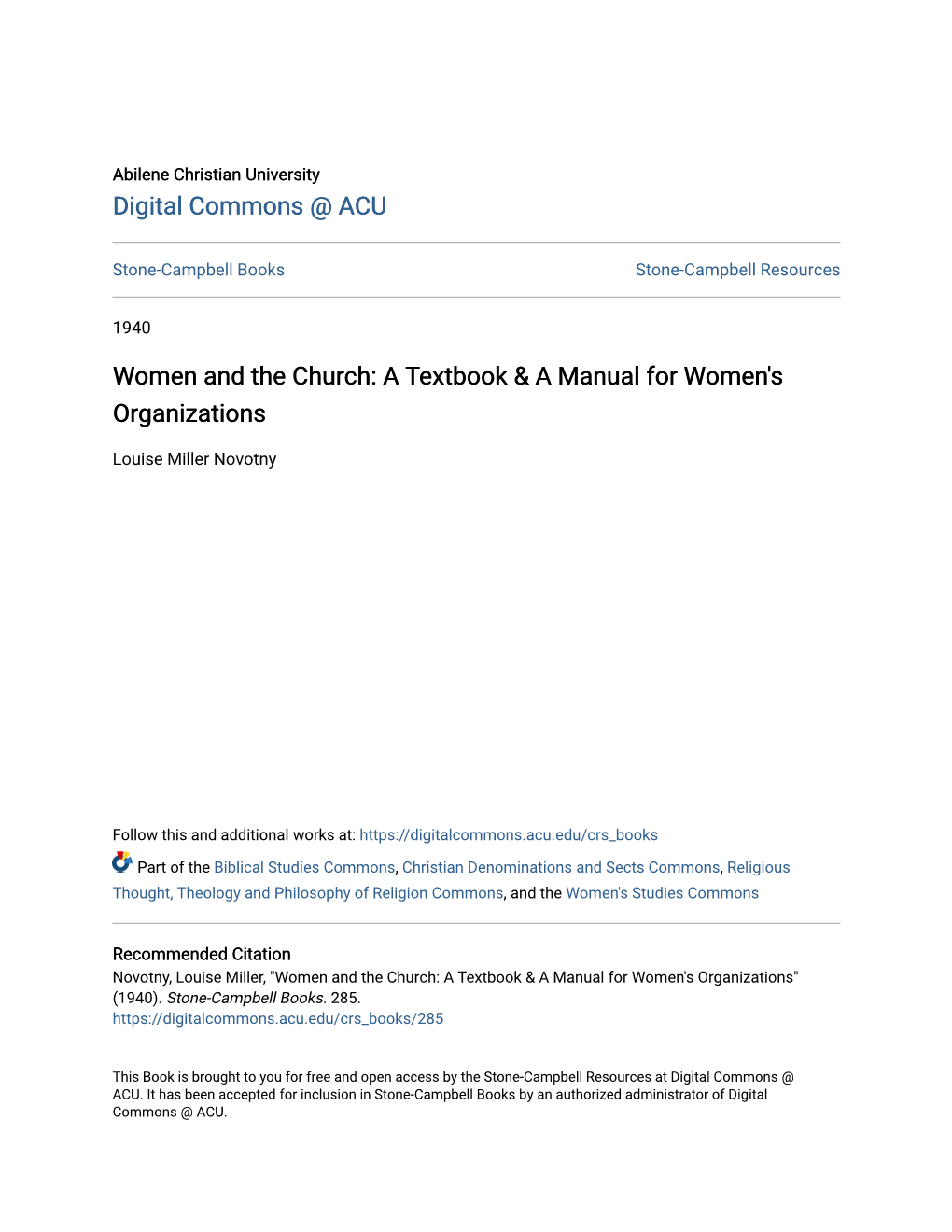 Women and the Church: a Textbook & a Manual for Women's Organizations