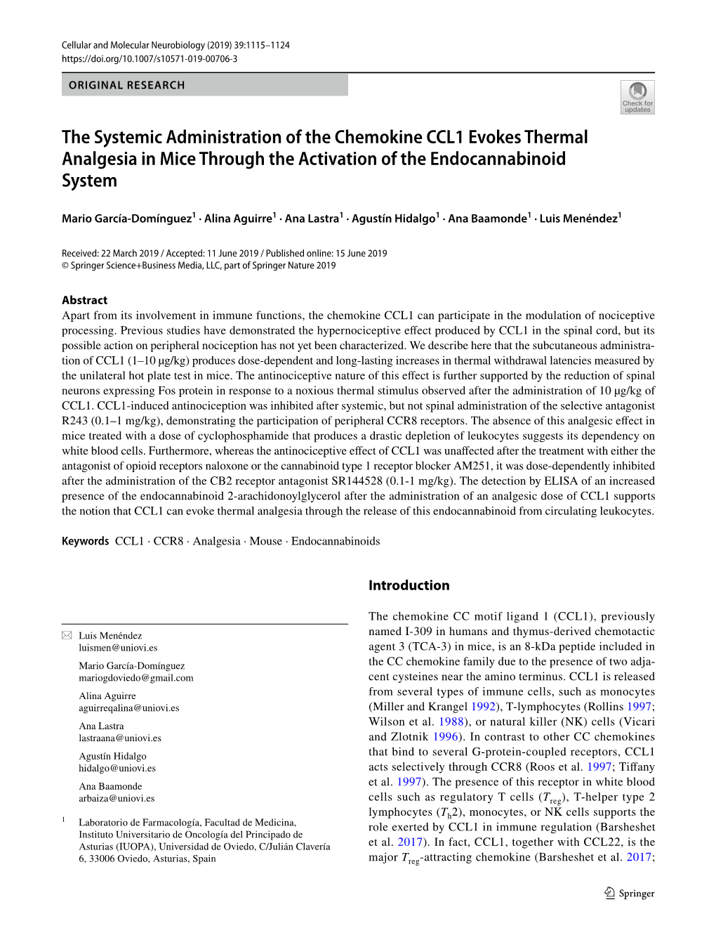 The Systemic Administration of the Chemokine CCL1 Evokes Thermal Analgesia in Mice Through the Activation of the Endocannabinoid System