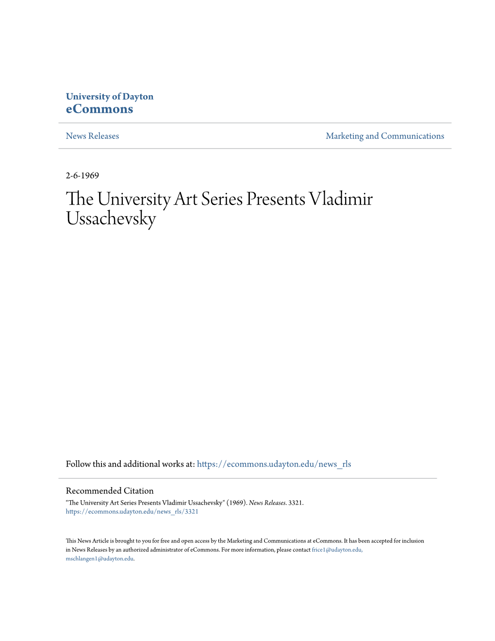 The University Art Series Presents Vladimir Ussachevsky