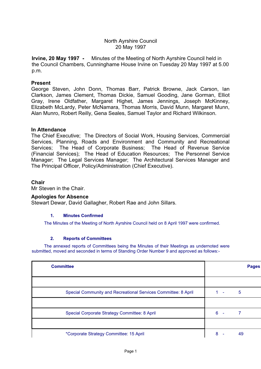 North Ayrshire Council 20 May 1997