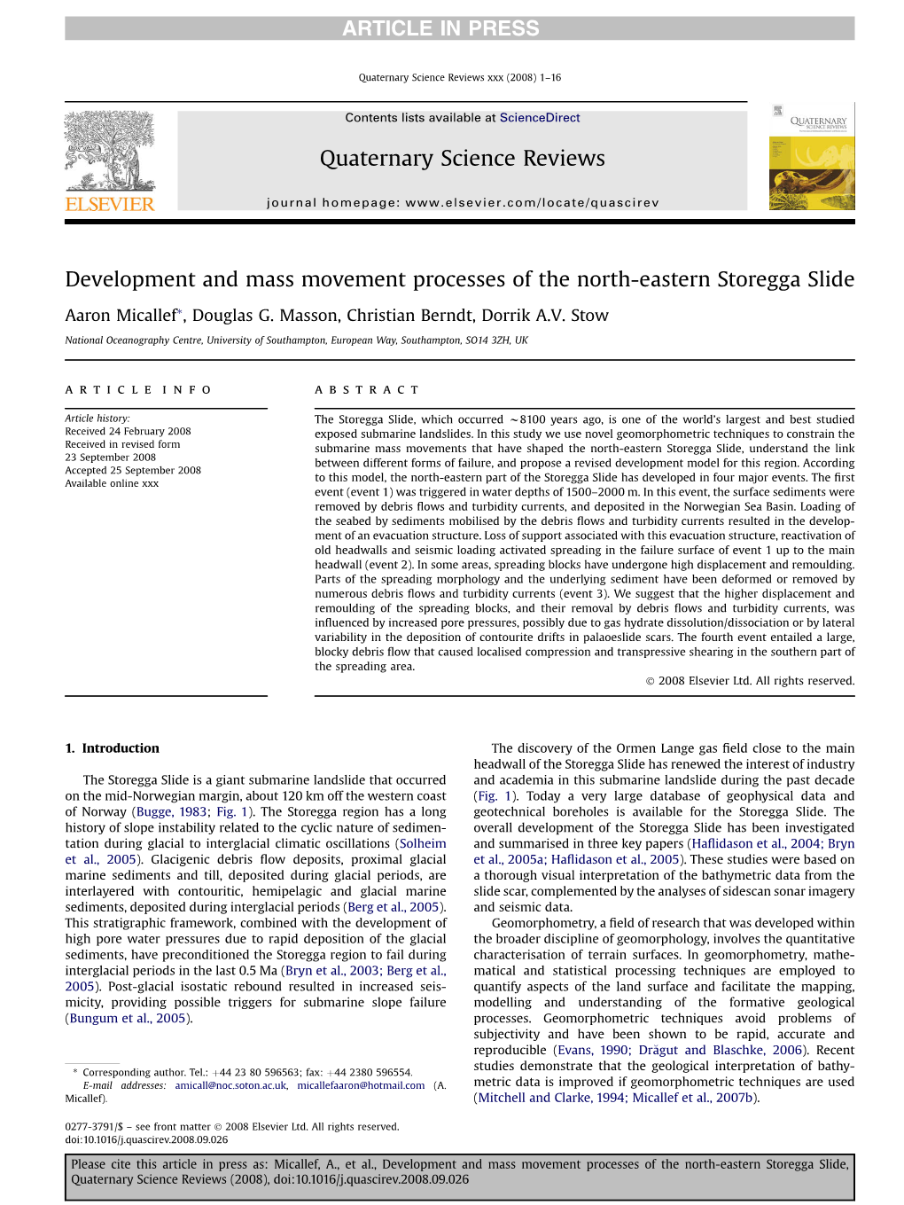 Development and Mass Movement Processes of the North-Eastern Storegga Slide