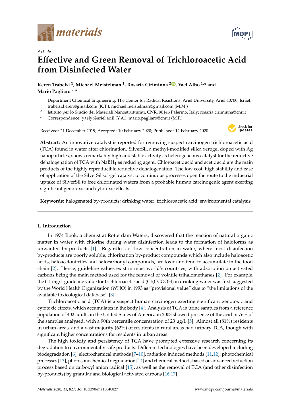Effective and Green Removal of Trichloroacetic Acid from Disinfected Water