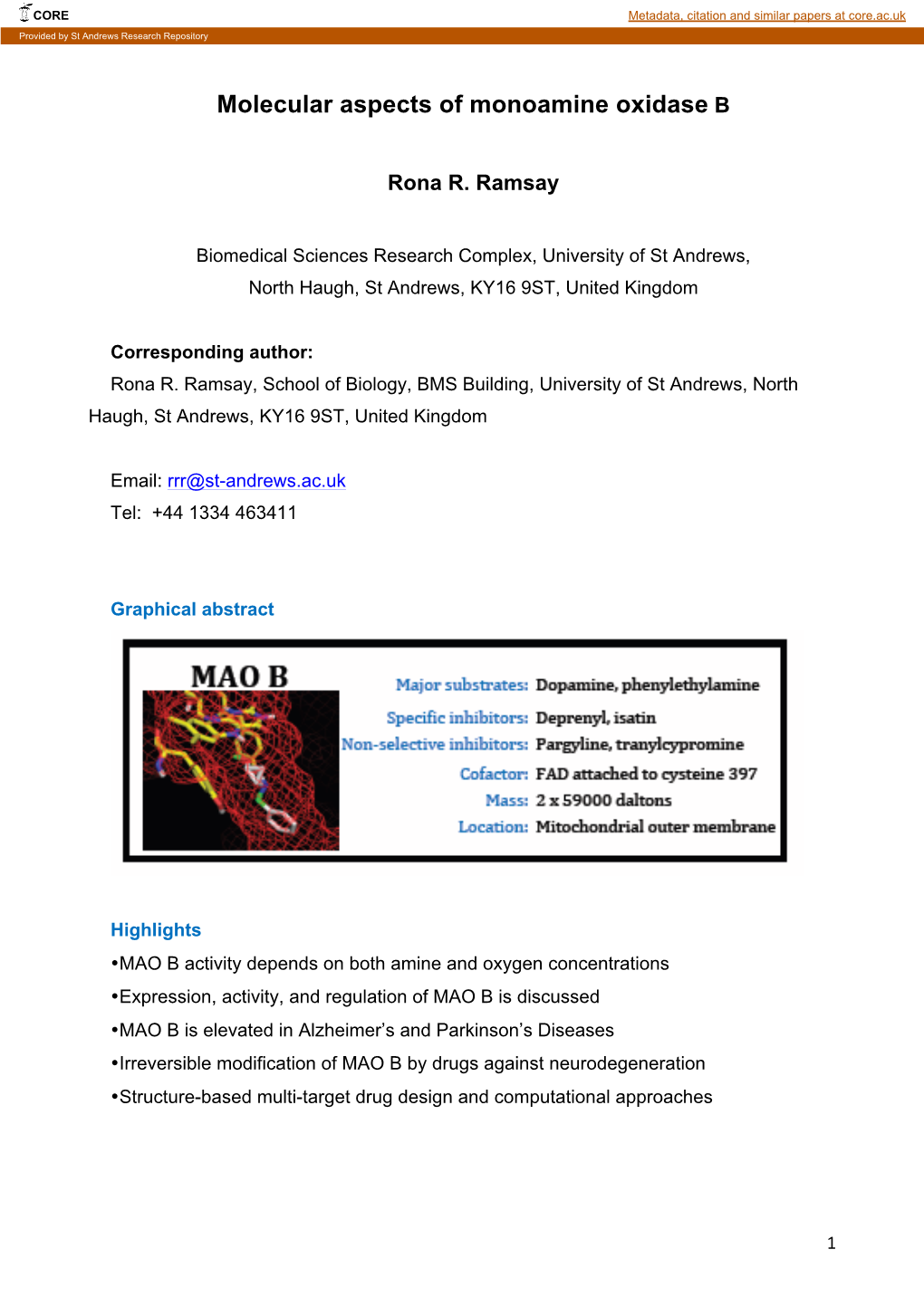 Molecular Aspects of Monoamine Oxidase B