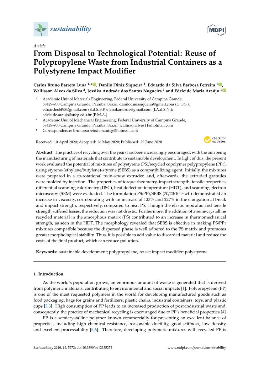 Reuse of Polypropylene Waste from Industrial Containers As a Polystyrene Impact Modiﬁer