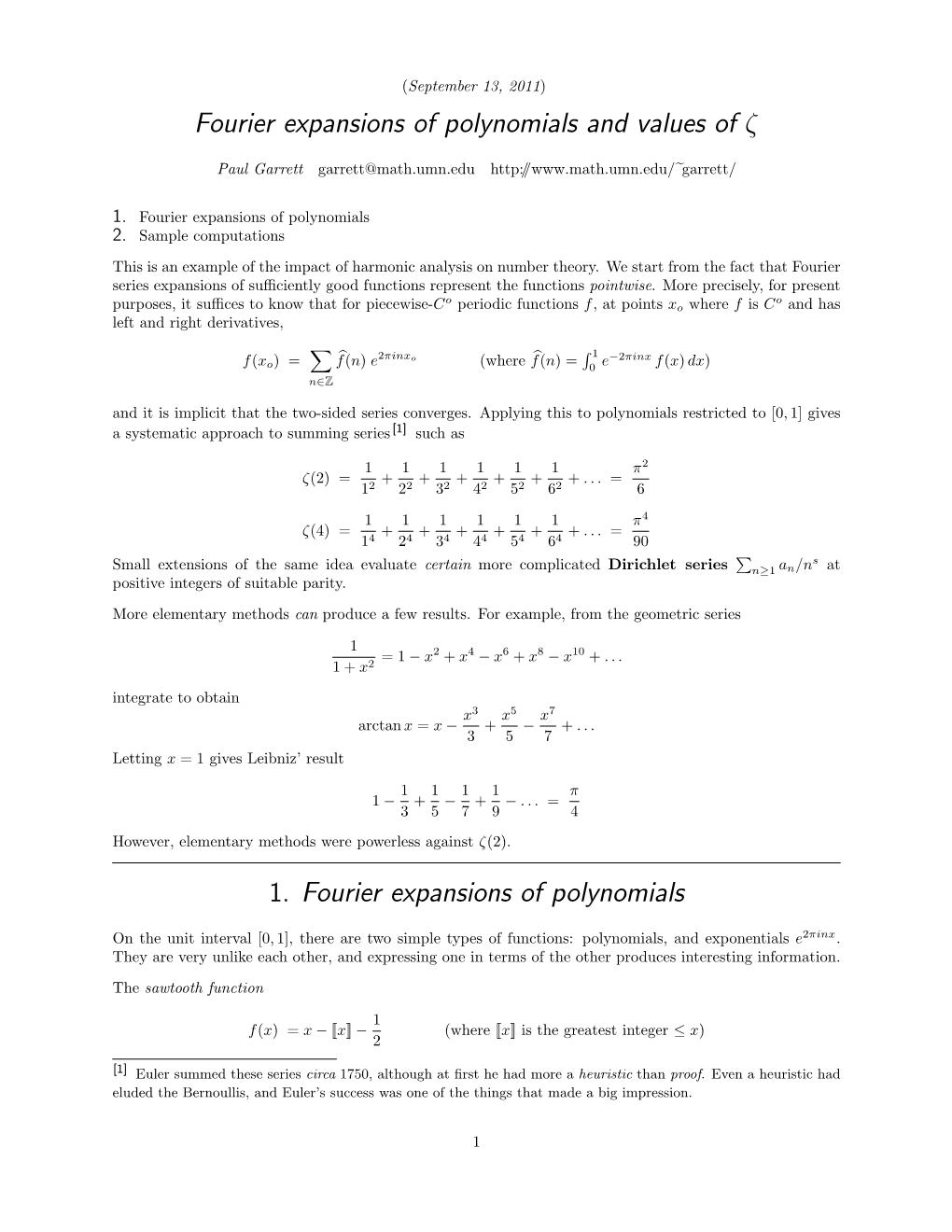 Fourier Expansions of Polynomials and Values of Ζ