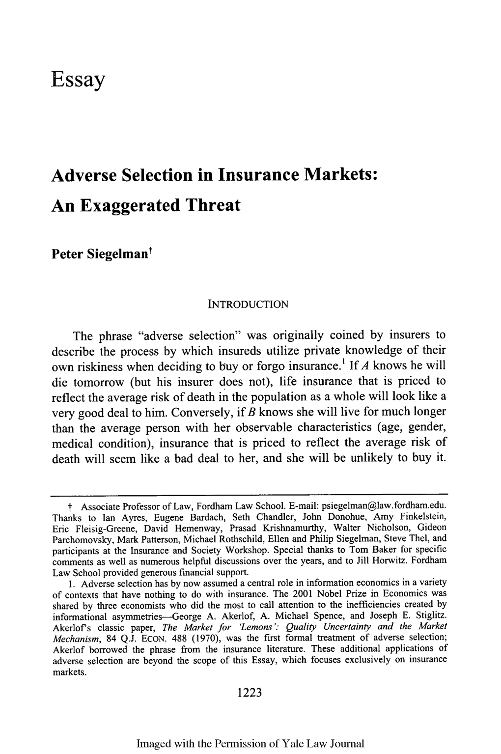 Adverse Selection in Insurance Markets: an Exaggerated Threat