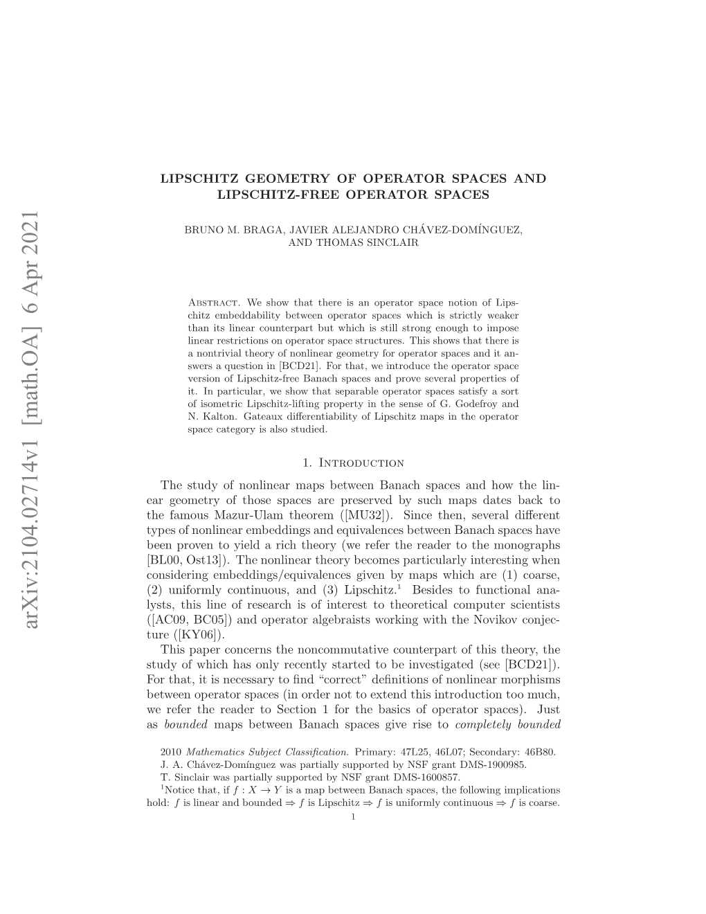 Lipschitz Geometry of Operator Spaces and Lipschitz-Free Operator Spaces