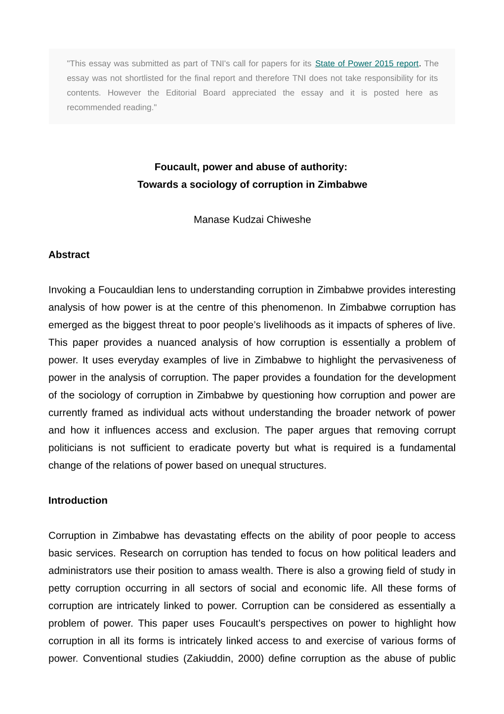 Foucault, Power and Abuse of Authority: Towards a Sociology of Corruption in Zimbabwe