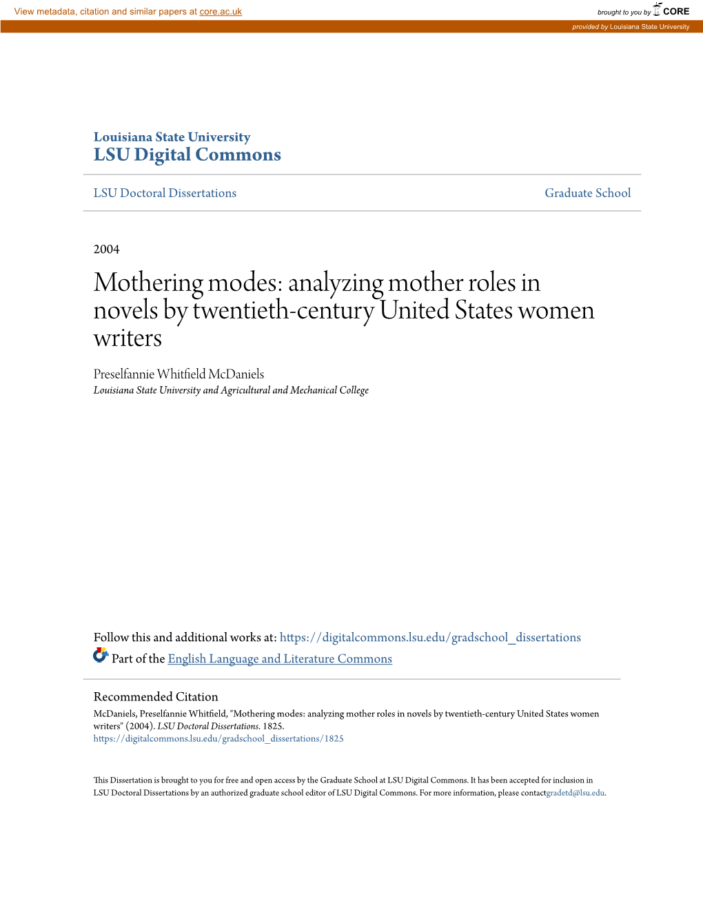 Analyzing Mother Roles in Novels by Twentieth-Century United States