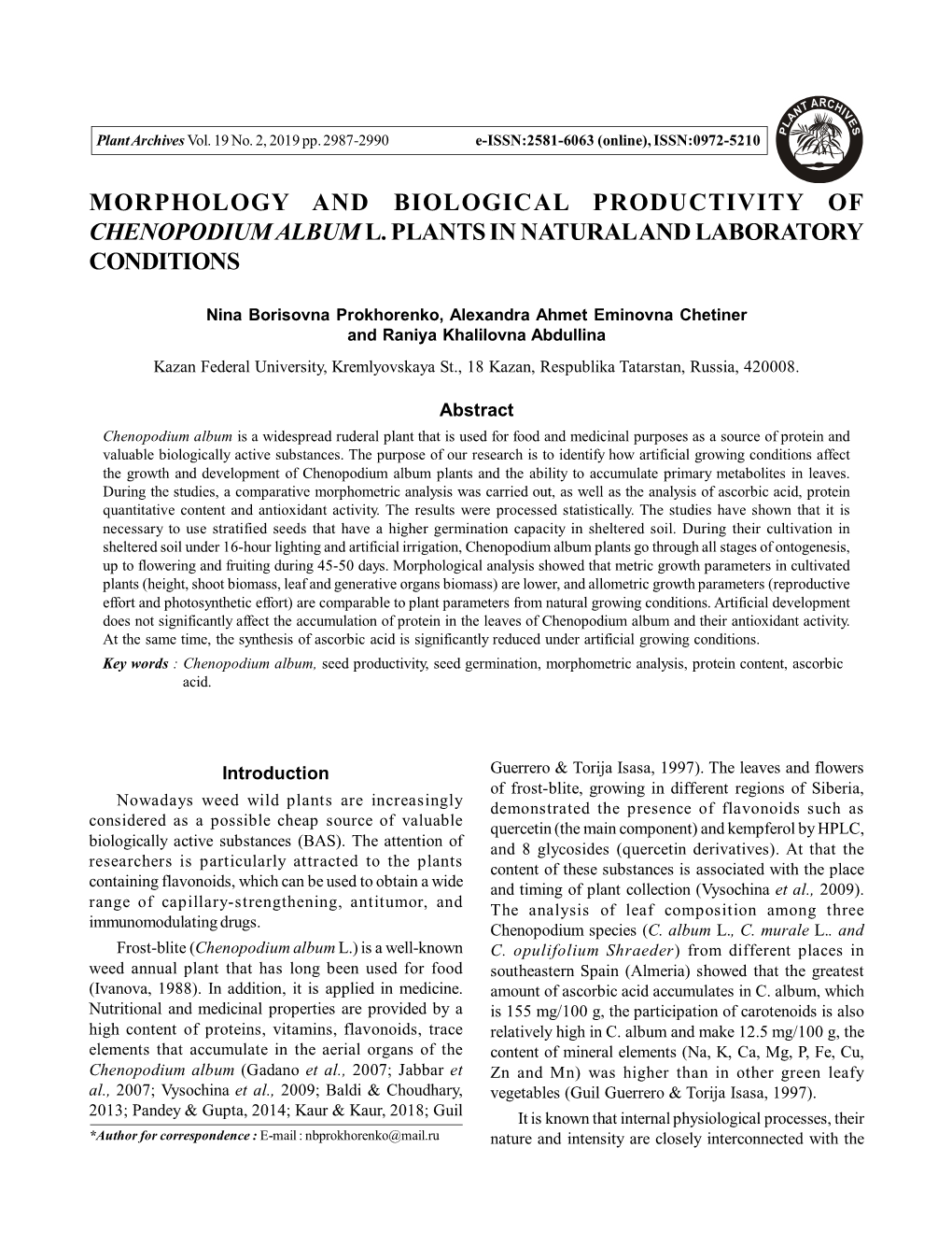 Morphology and Biological Productivity of Chenopodium Album L