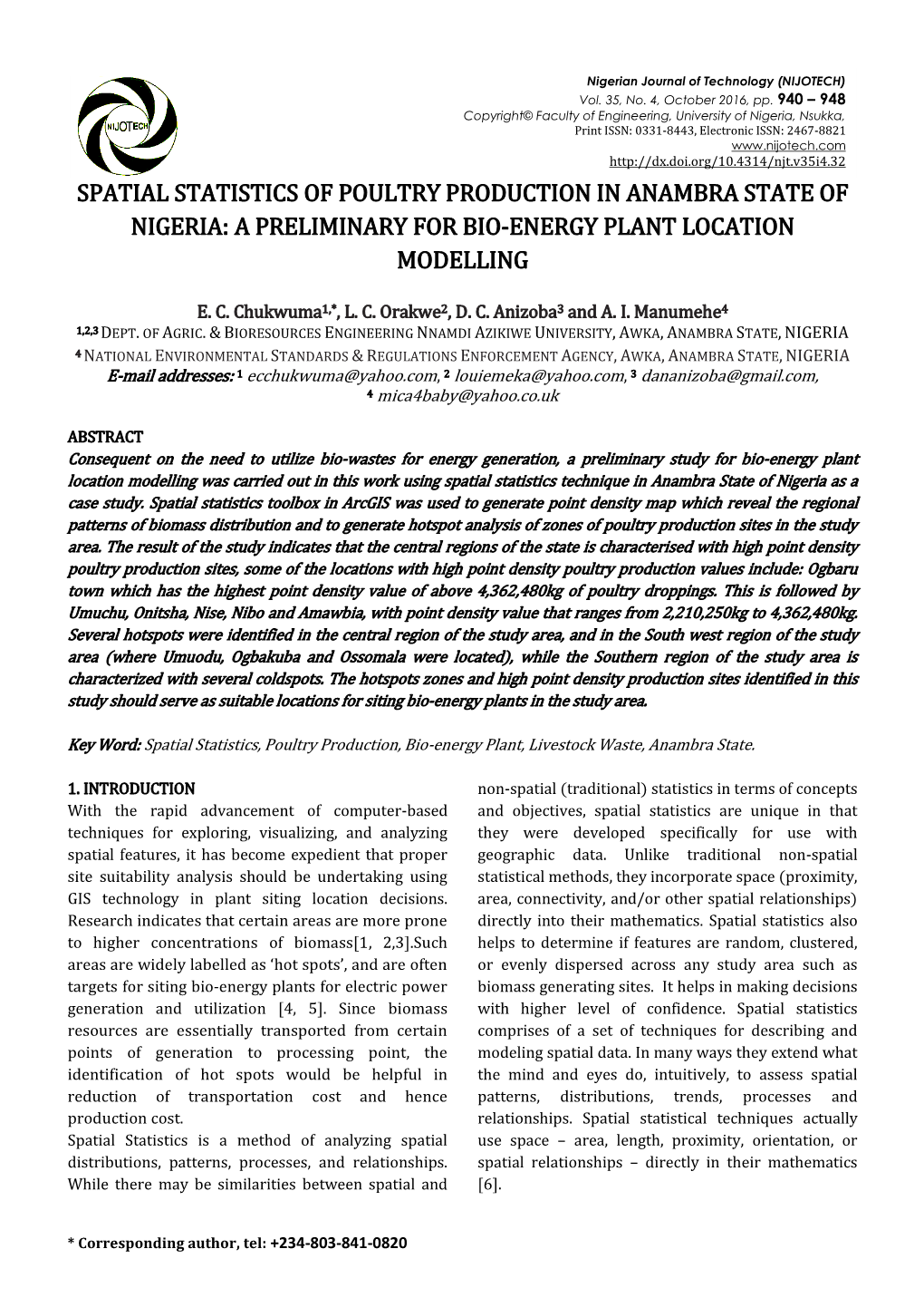 Spatial Statistics of Poultry Production in Anambra State of Nigeria: a Preliminary for Bio-Energy Plant Location Modelling