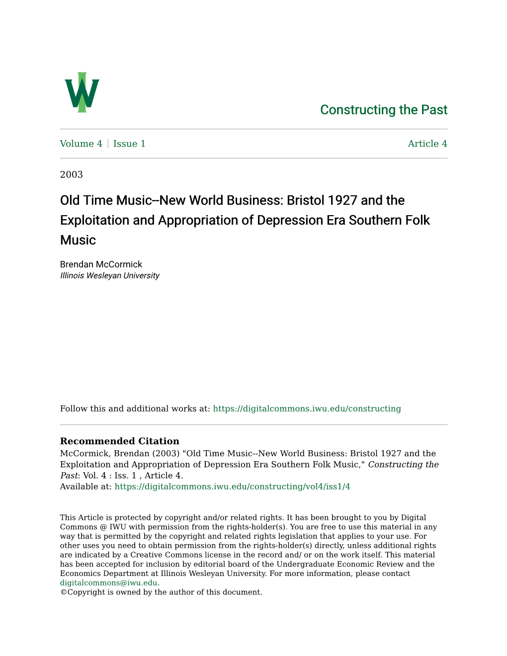 Old Time Music--New World Business: Bristol 1927 and the Exploitation and Appropriation of Depression Era Southern Folk Music