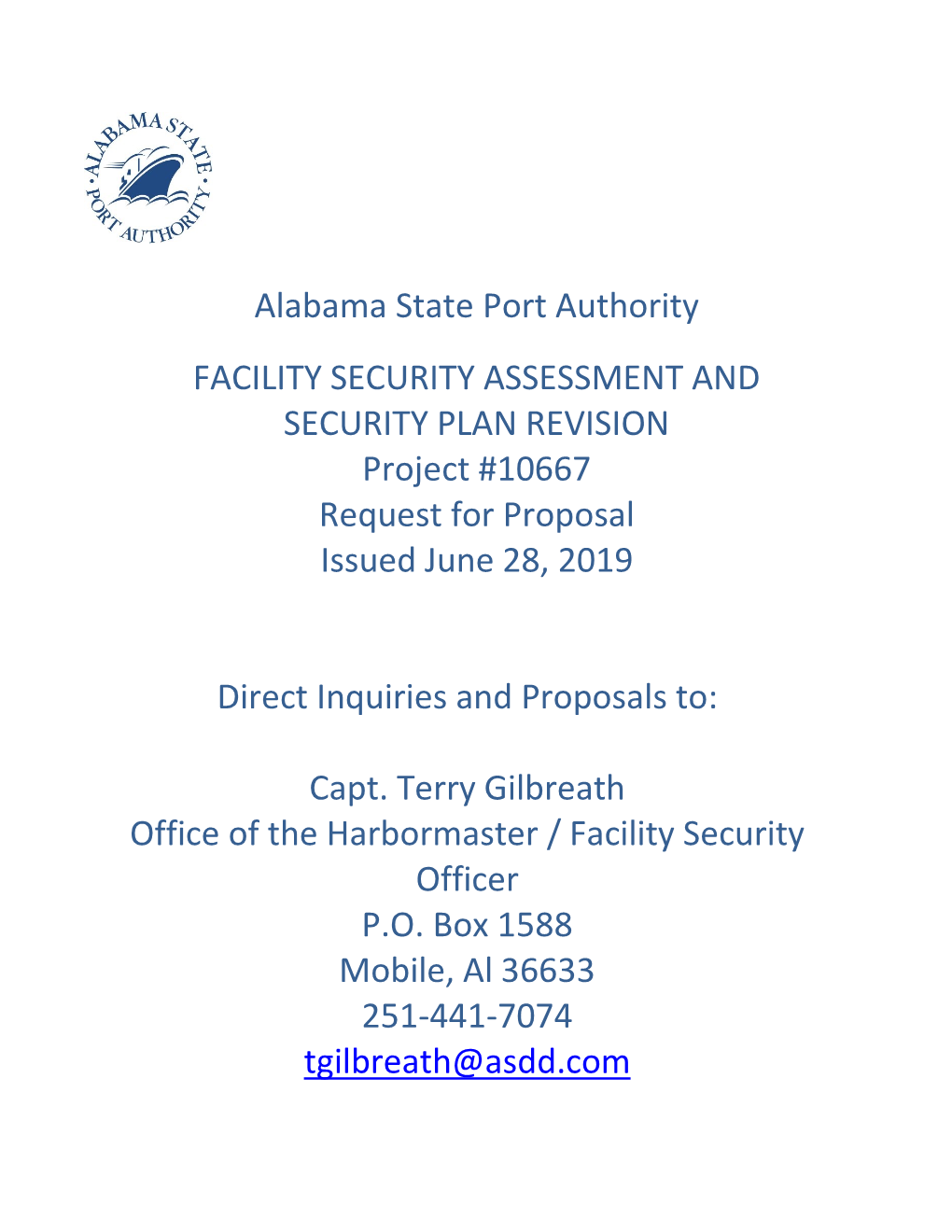 Alabama State Port Authority Facility Security Assessment & Security Plan Revision, Request for Proposal, Project# 10667