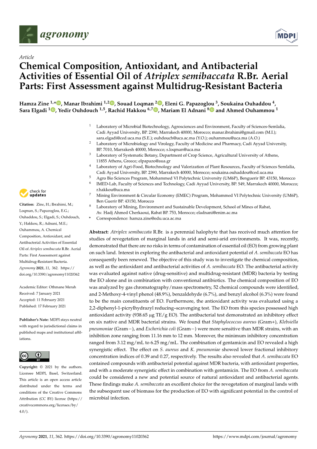 Chemical Composition, Antioxidant, and Antibacterial Activities of Essential Oil of Atriplex Semibaccata R.Br