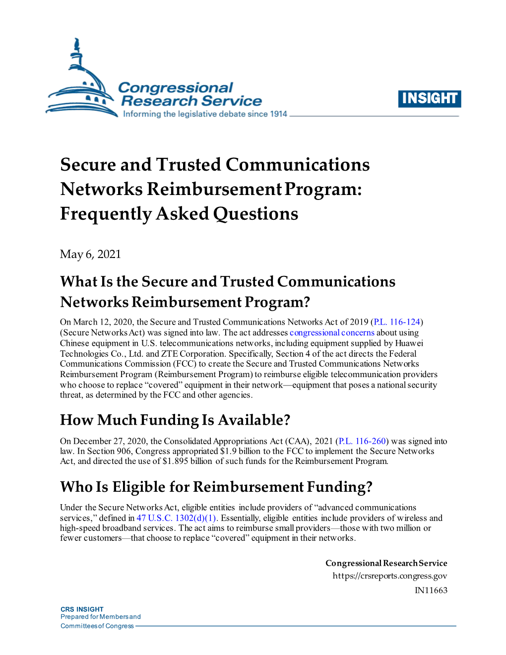 Secure and Trusted Communications Networks Reimbursement Program: Frequently Asked Questions