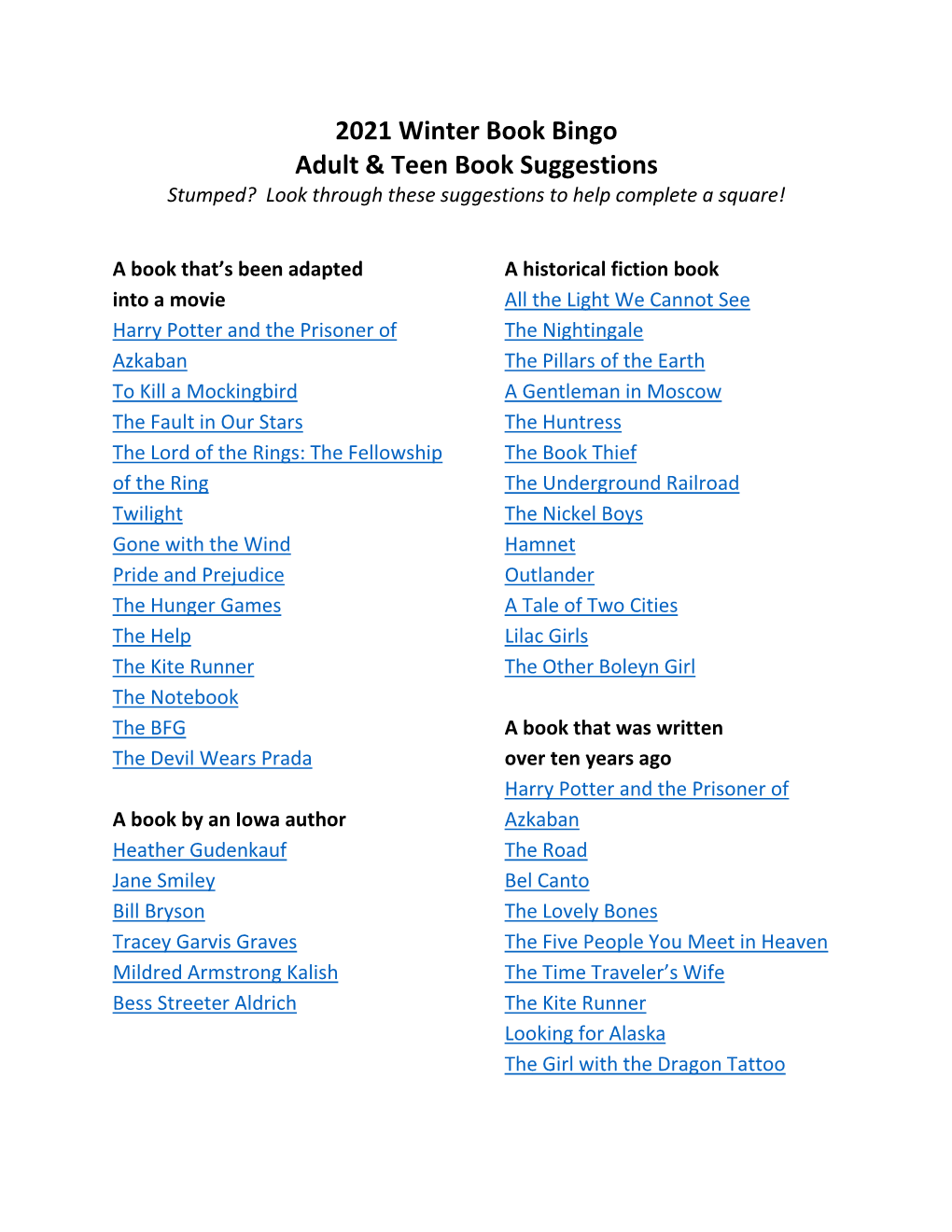 Teen & Adult Book Suggestions