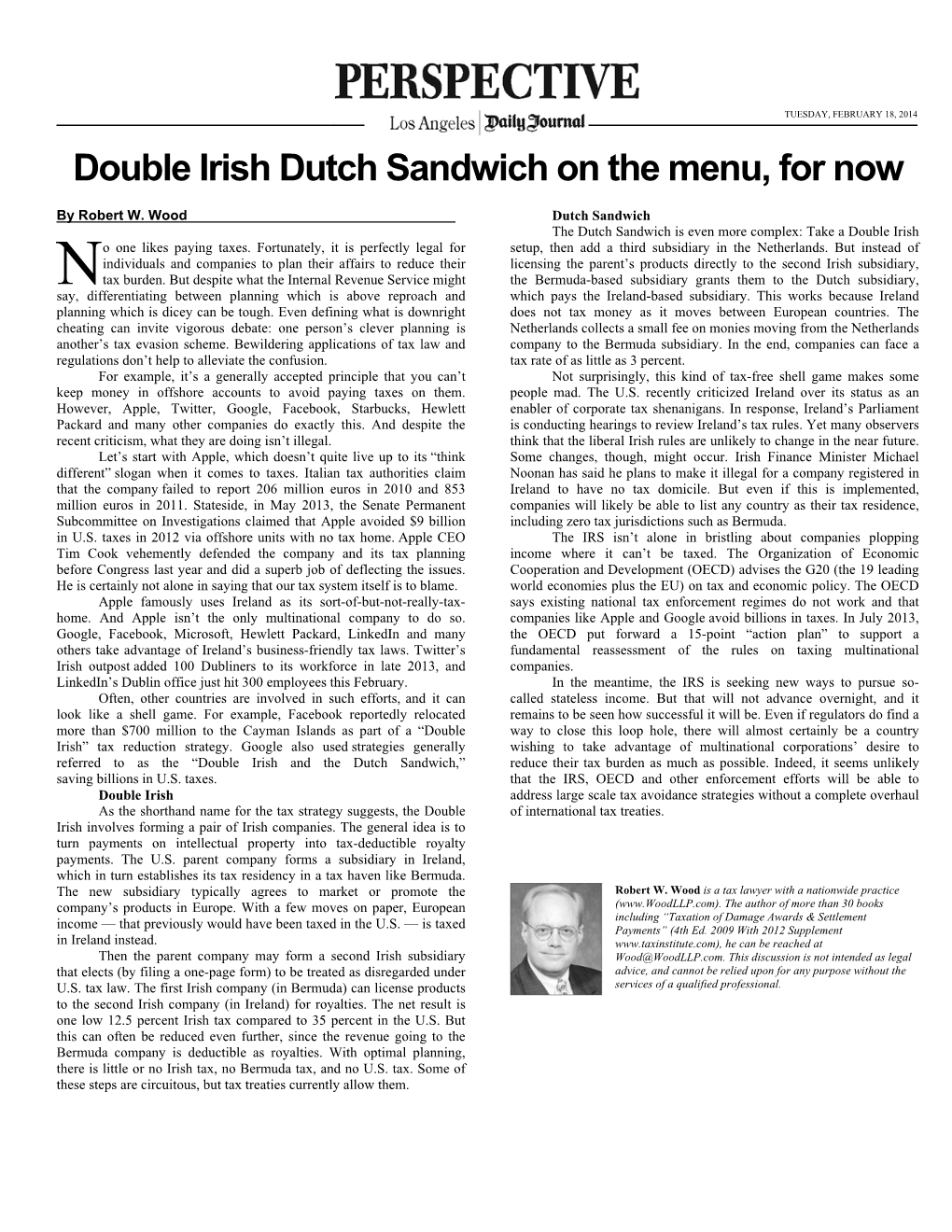 Double Irish Dutch Sandwich on the Menu, for Now