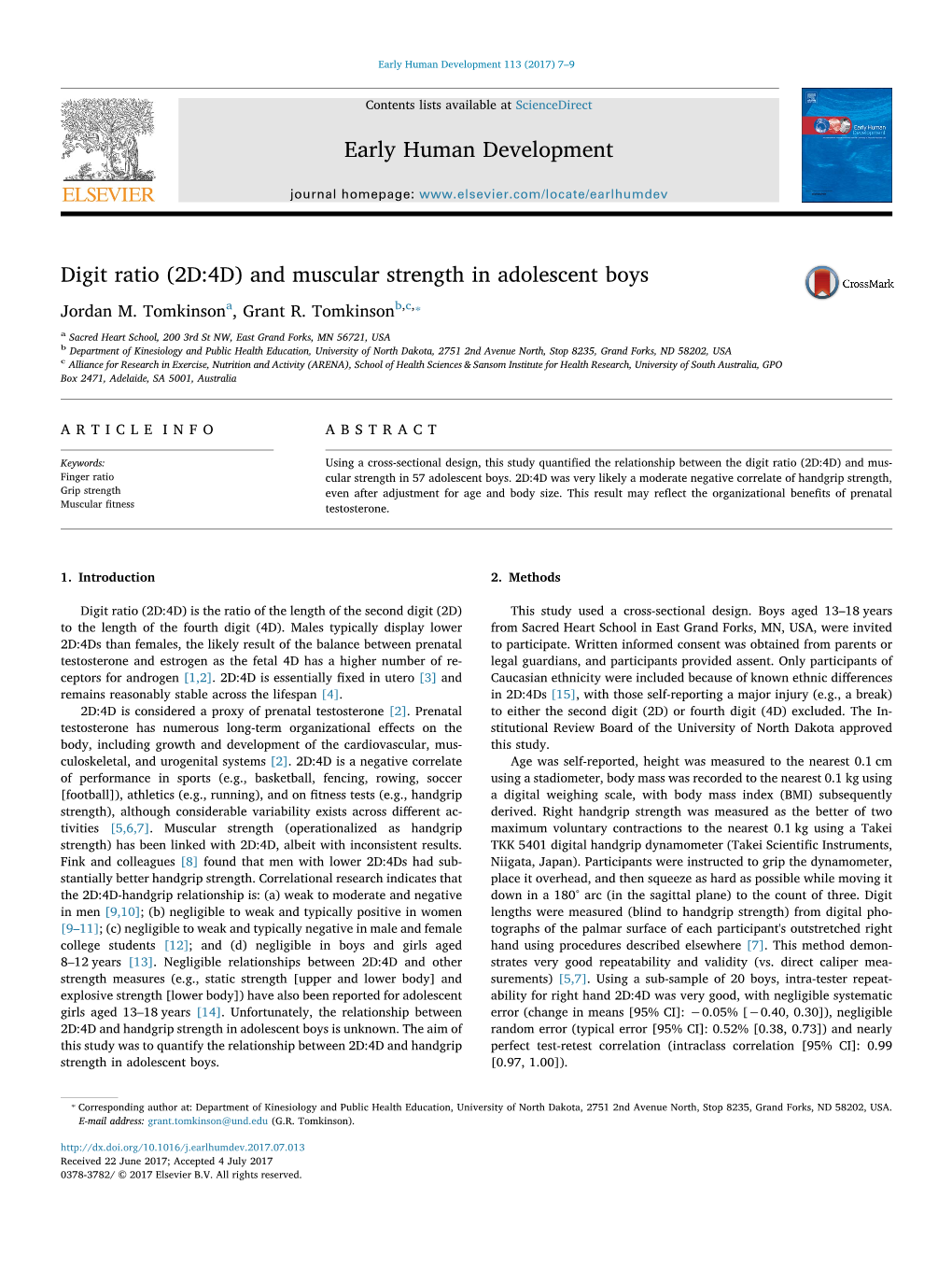 Digit Ratio (2D:4D) and Muscular Strength in Adolescent Boys MARK ⁎ Jordan M