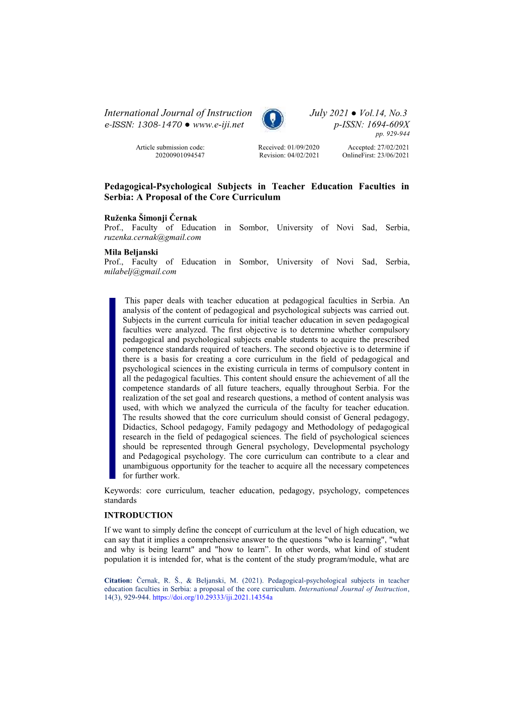 Pedagogical-Psychological Subjects in Teacher Education Faculties in Serbia: a Proposal of the Core Curriculum