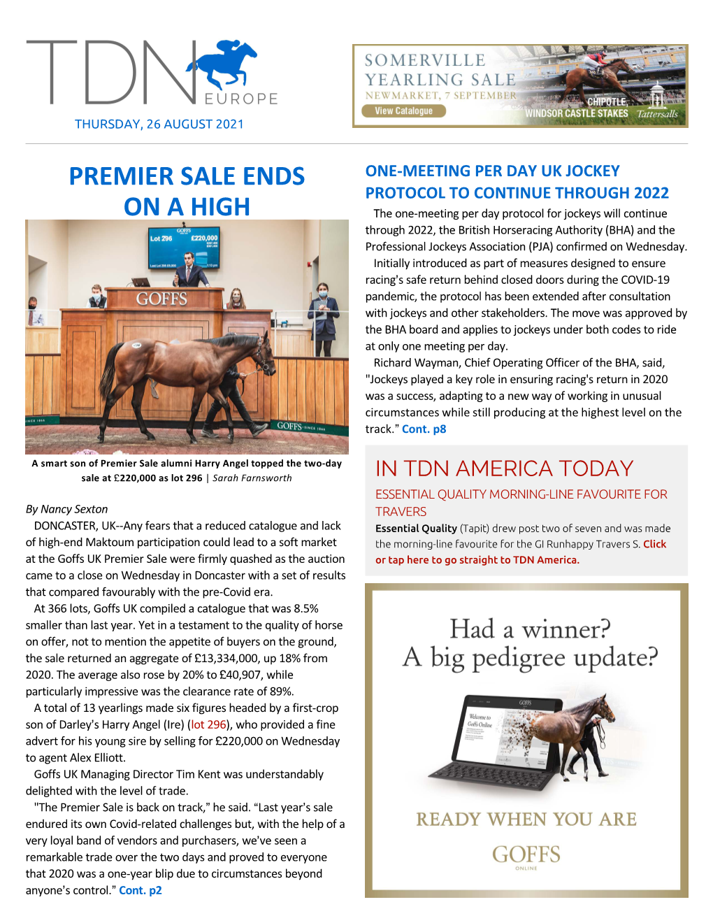 PREMIER SALE ENDS on a HIGH Positions Were Drawn Wednesday Morning for Saturday's GI the Goffs UK Premier Yearling Sale Concluded on Runhappy Travers S