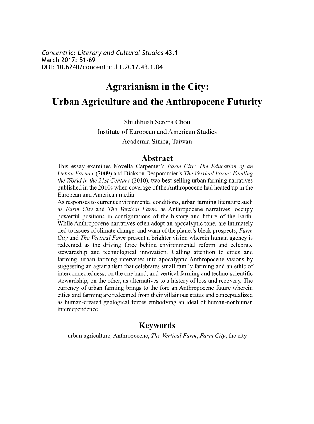 Agrarianism in the City: Urban Agriculture and the Anthropocene Futurity