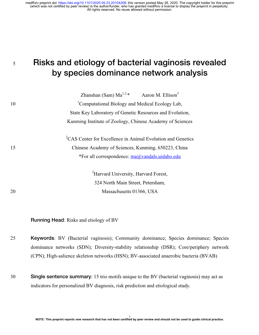 Risks and Etiology of Bacterial Vaginosis Revealed by Species Dominance Network Analysis