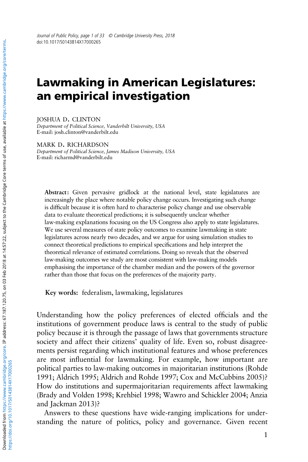 Lawmaking in American Legislatures: an Empirical Investigation