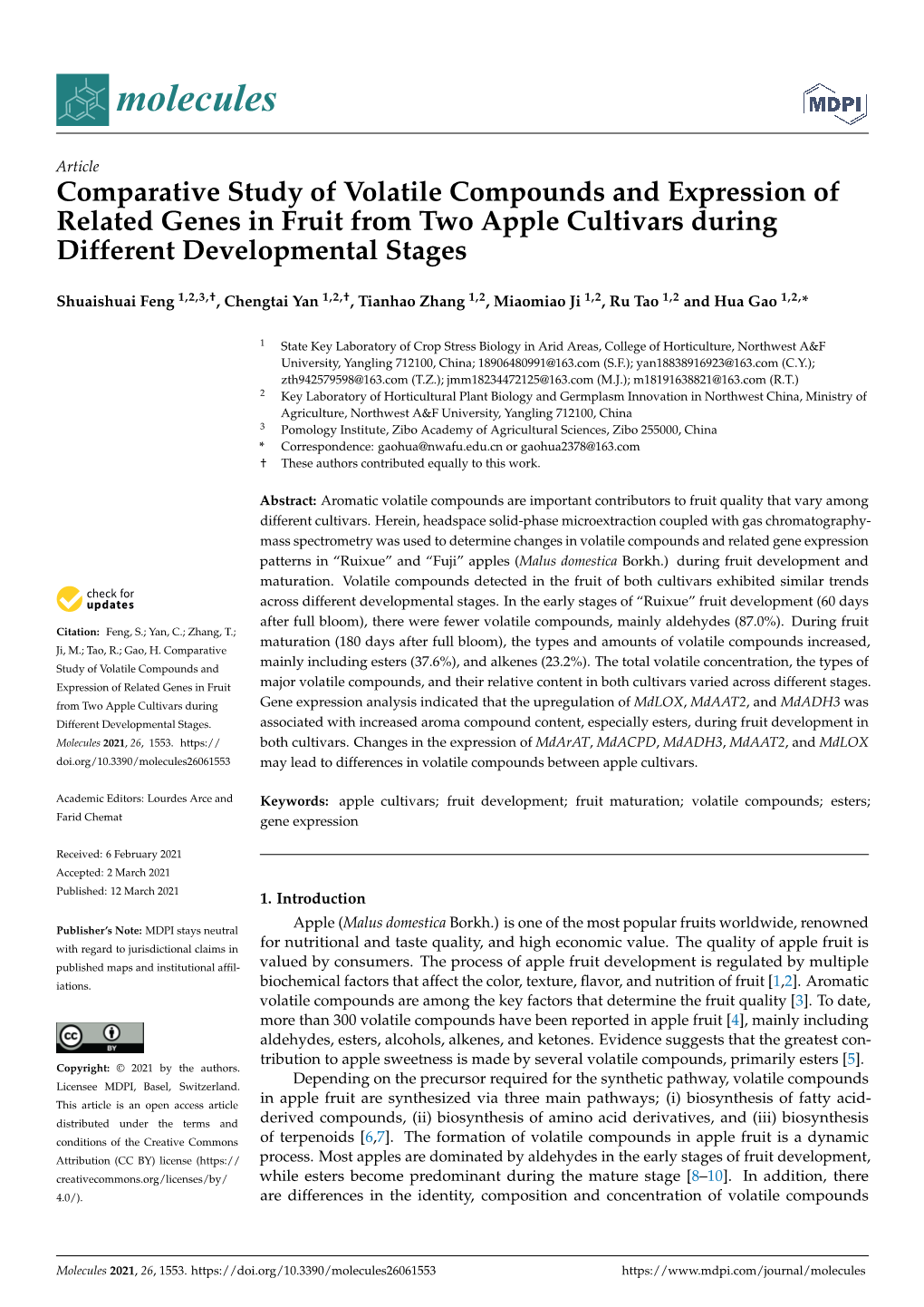 Comparative Study of Volatile Compounds and Expression of Related Genes in Fruit from Two Apple Cultivars During Different Developmental Stages