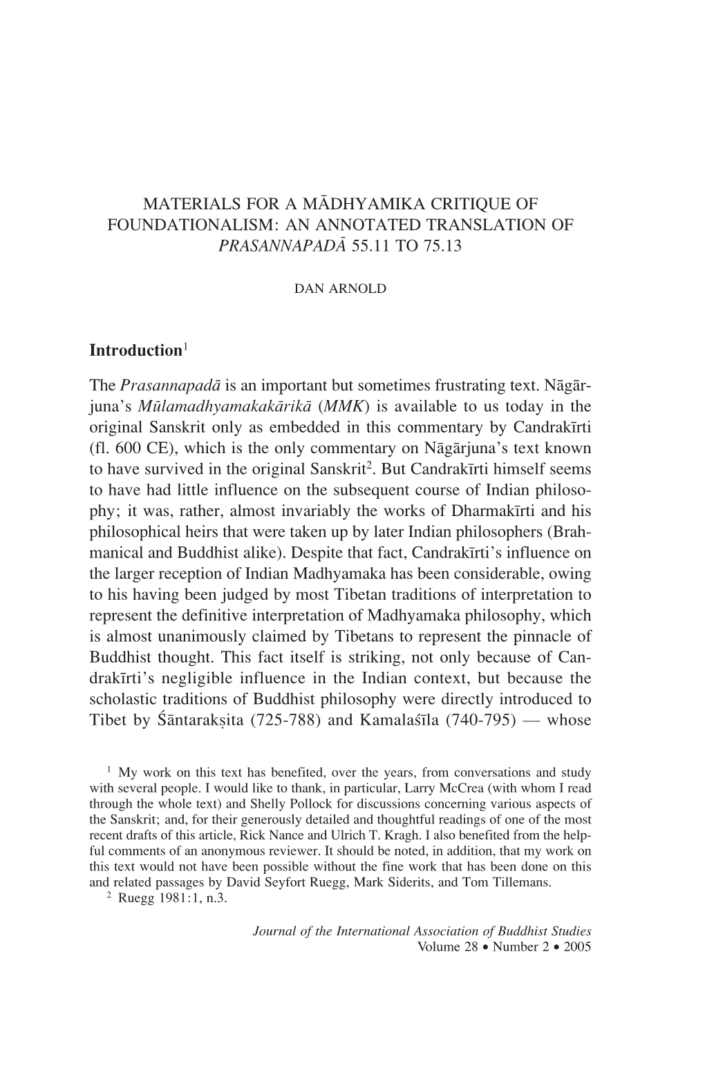 Materials for a Mādhyamika Critique of Foundationalism: an Annotated Translation of Prasannapadā 55.11 to 77.13