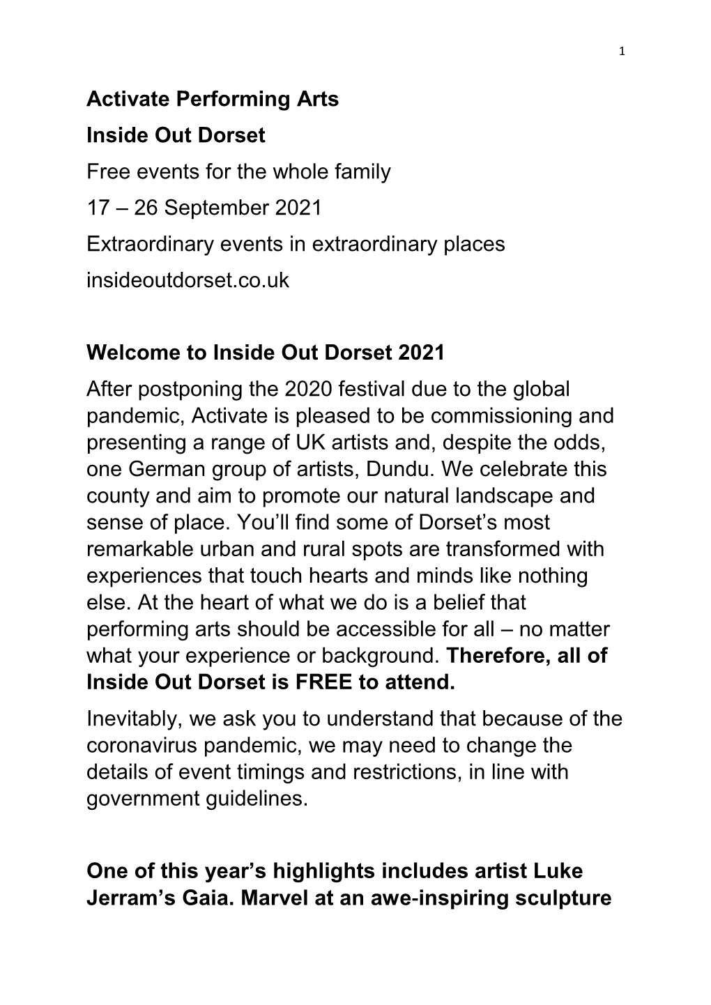 Activate Performing Arts Inside out Dorset Free Events for the Whole Family 17 – 26 September 2021 Extraordinary Events in Extraordinary Places Insideoutdorset.Co.Uk