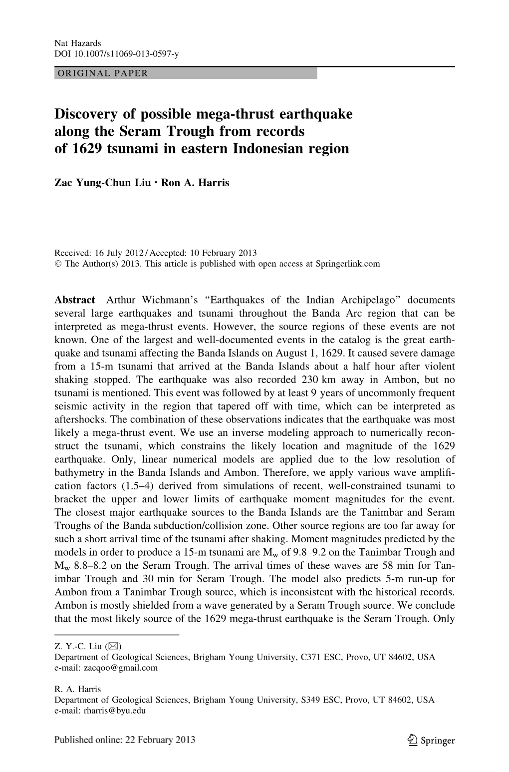 Discovery of Possible Mega-Thrust Earthquake Along the Seram Trough from Records of 1629 Tsunami in Eastern Indonesian Region