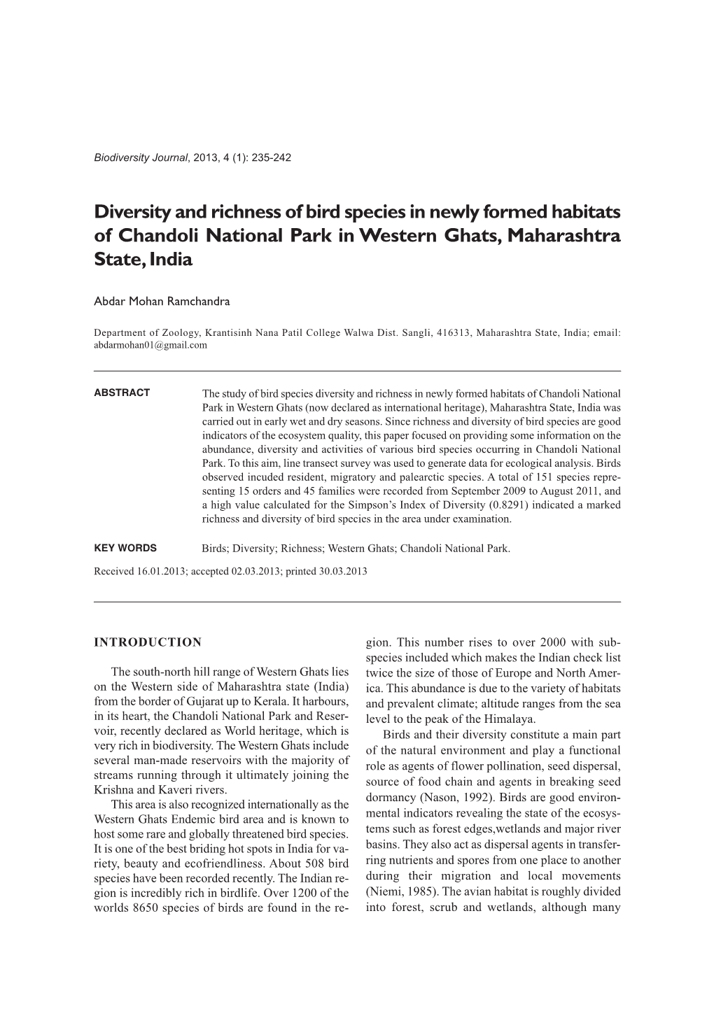Diversity and Richness of Bird Species in Newly Formed Habitats of Chandoli National Park in Western Ghats, Maharashtra State, India