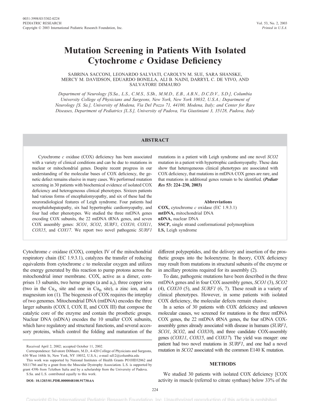 Mutation Screening in Patients with Isolated Cytochrome C Oxidase Deﬁciency