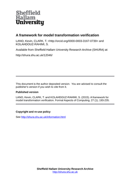 A Framework for Model Transformation Verification LANO, Kevin, CLARK, T