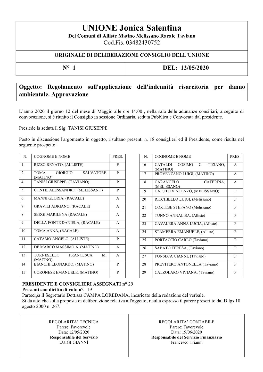 UNIONE Jonica Salentina Dei Comuni Di Alliste Matino Melissano Racale Taviano Cod.Fis