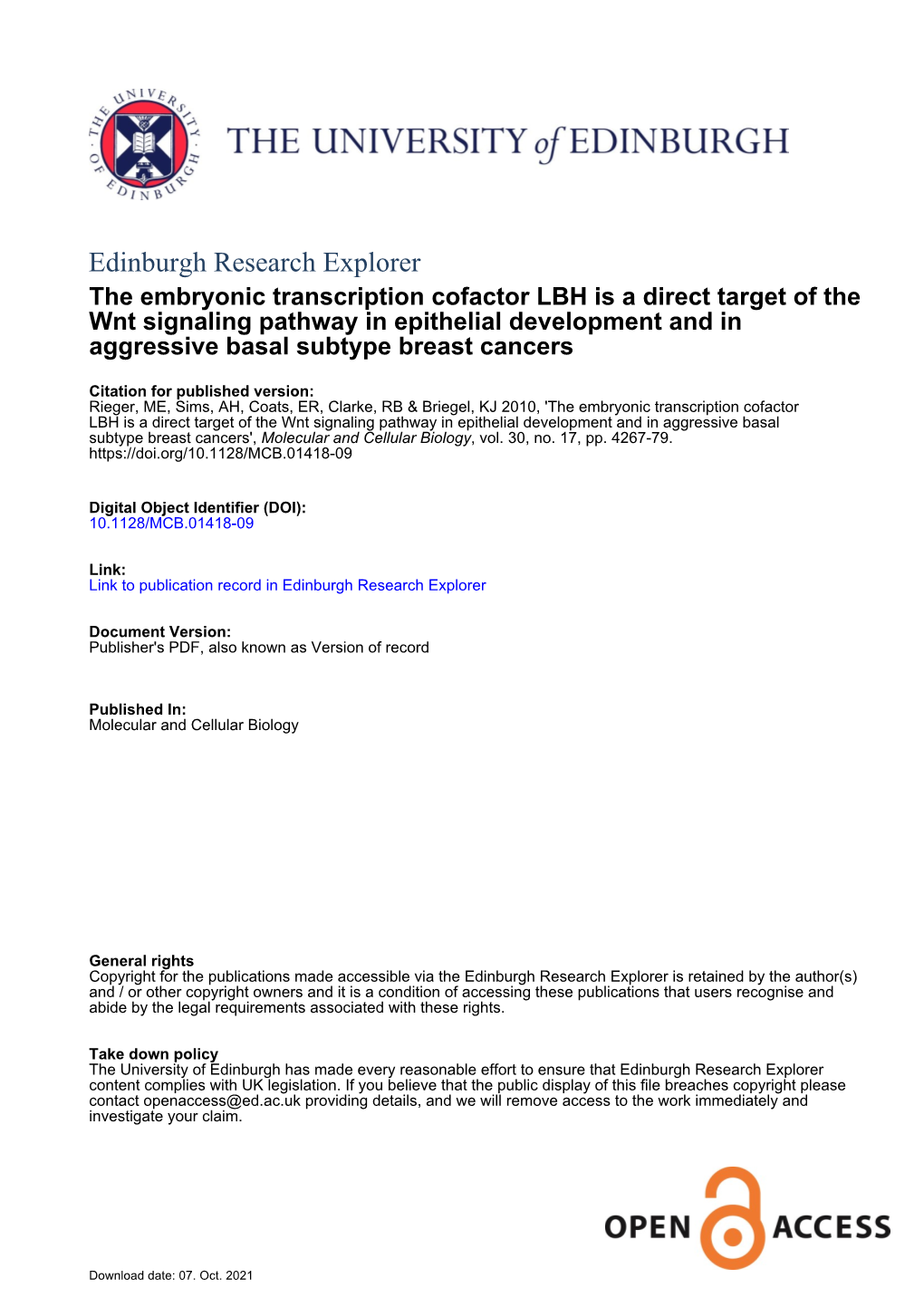 The Embryonic Transcription Cofactor LBH Is a Direct Target of the Wnt Signaling Pathway in Epithelial Development and in Aggressive Basal Subtype Breast Cancers