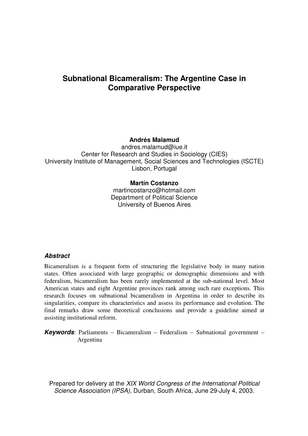 Subnational Bicameralism: the Argentine Case in Comparative Perspective