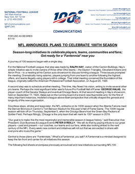 Nfl Announces Plans to Celebrate 100Th Season