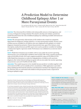 A Prediction Model to Determine Childhood Epilepsy After 1 Or More Paroxysmal Events Eric Van Diessen, Herm J