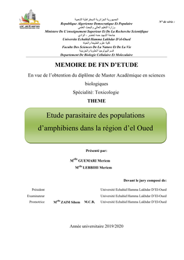 Etude Parasitaire Des Populations D'amphibiens Dans La Région D'el