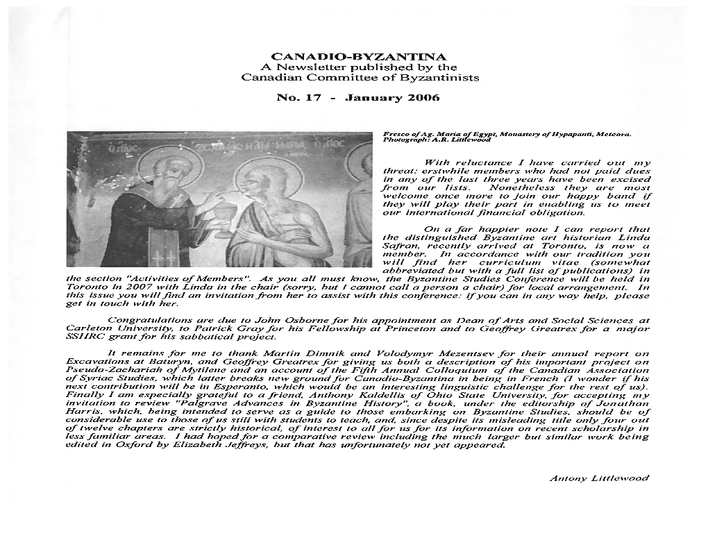 A Newsletter Published by the Canadian Committee of Byzantinists