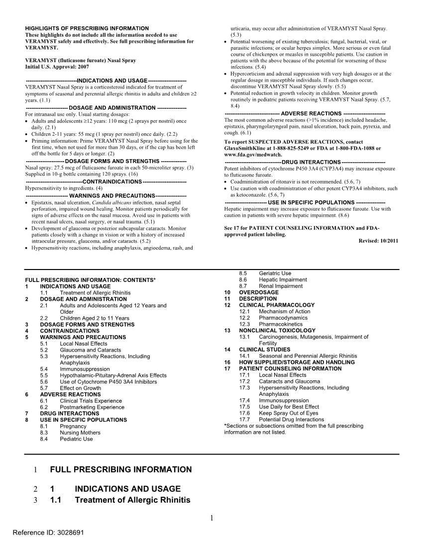 1 FULL PRESCRIBING INFORMATION 2 1 INDICATIONS and USAGE 3 1.1 Treatment of Allergic Rhinitis 1