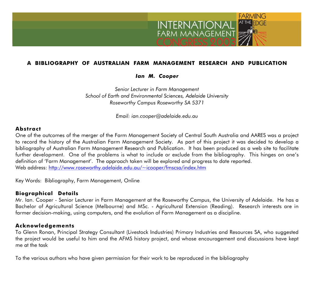 A Bibliography of Australian Farm Management Research and Publication