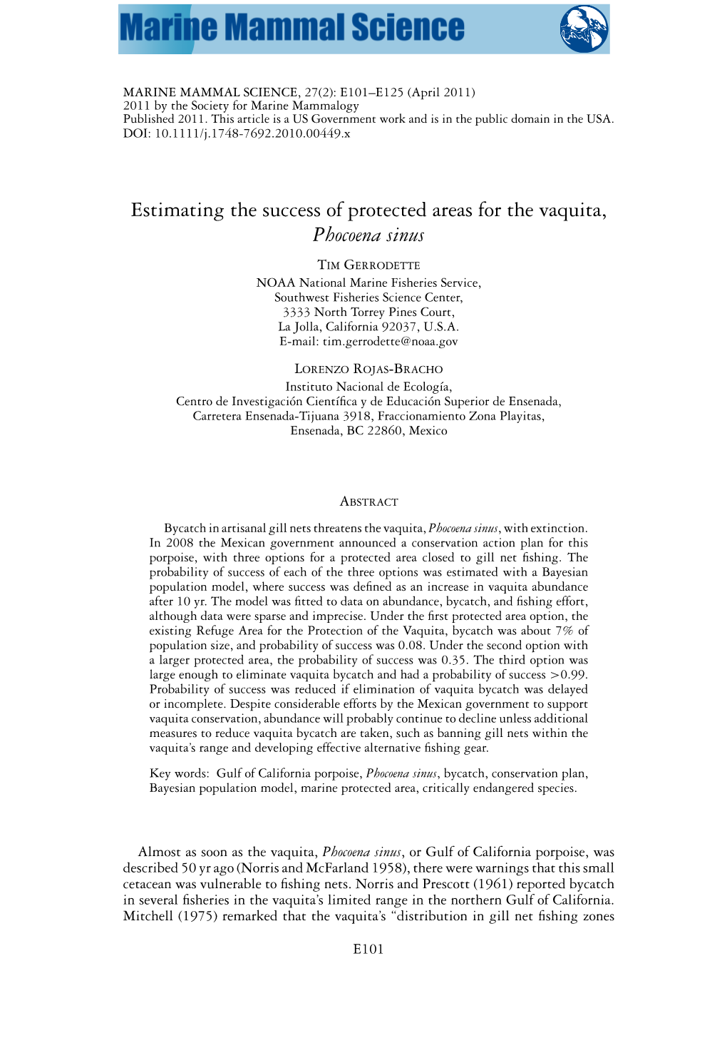 Estimating the Success of Protected Areas for the Vaquita, Phocoena Sinus