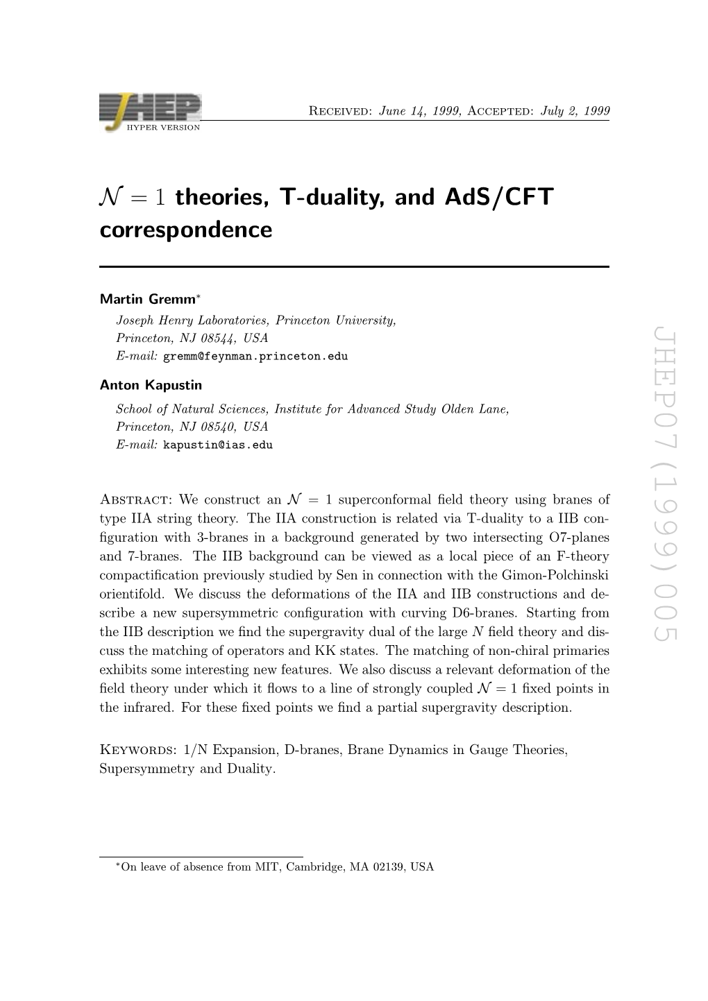 N= 1 Theories, T-Duality, and Ads/CFT Correspondence